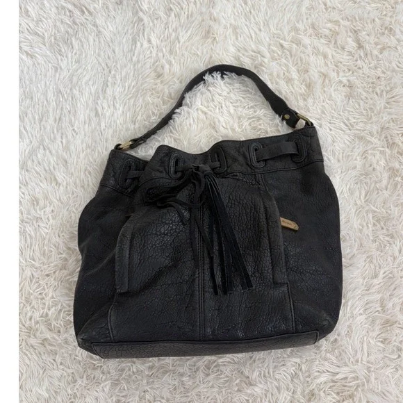 Ella Moss Black Leather Bucket Bag Hobo Purse Tassel Drawstring Shoulder Bag - Picture 2 of 10